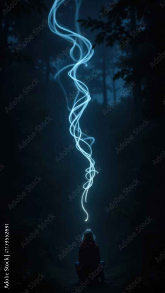 A solitary figure sits on a bench under a tree with an ethereal light swirling around them. A solitary figure sits on a bench under a tree with an ethereal light swirling around them.