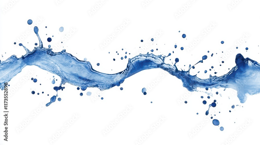 A blue wave with splashes of water on a white background A blue wave with splashes of water on a white background
