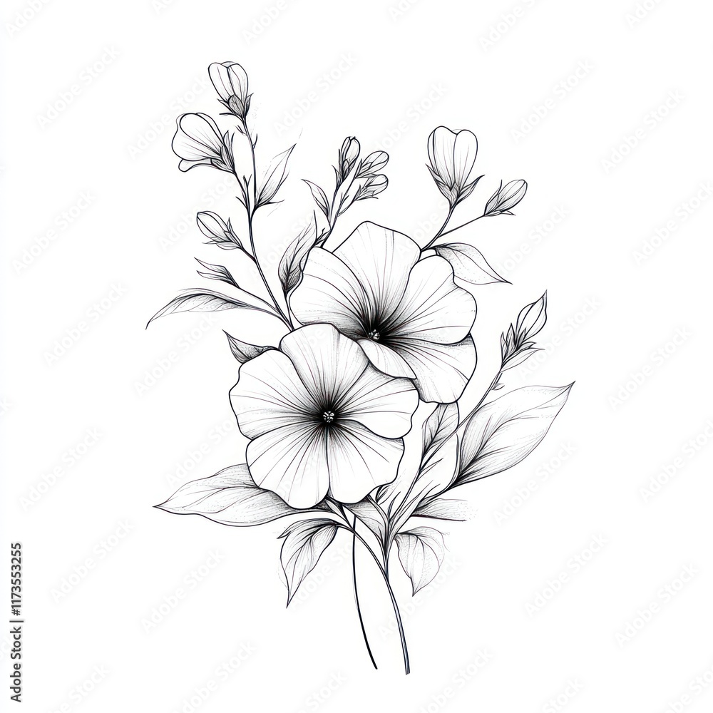 Delicate Line Drawing of Two Flowers and Buds Delicate Line Drawing of Two Flowers and Buds