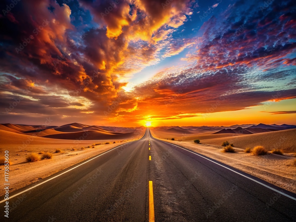 Naklejka premium Silhouette of lone road stretching into a vast desert sunset