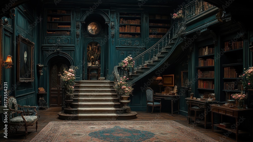Obraz premium Grand teal library interior with curving staircase, bookshelves, and floral arrangements.