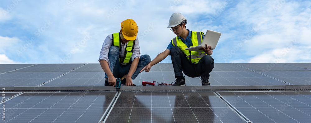Fototapeta premium Engineer service check installation solar cell on the roof of factory. Silhouette technician inspection and repair solar cell on the roof of factory. Technology solar energy renewable.