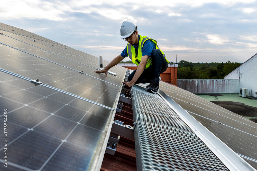 Engineer service check installation solar cell on the roof of factory. Silhouette technician inspection and repair solar cell on the roof of factory. Technology solar energy renewable. Engineer service check installation solar cell on the roof of factory. Silhouette technician inspection and repair solar cell on the roof of factory. Technology solar energy renewable.