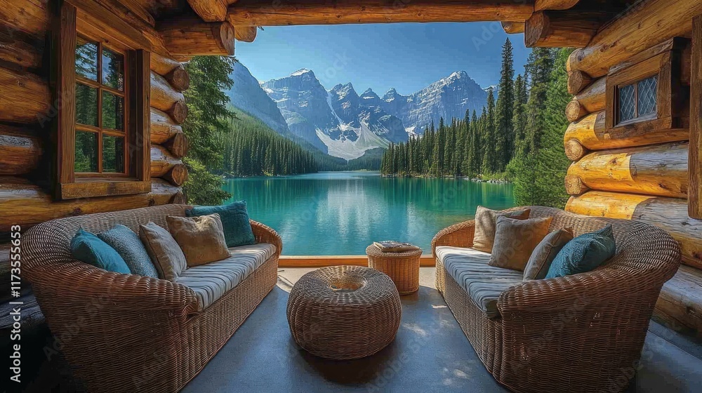 Obraz premium Mountain lake view from cozy log cabin patio.