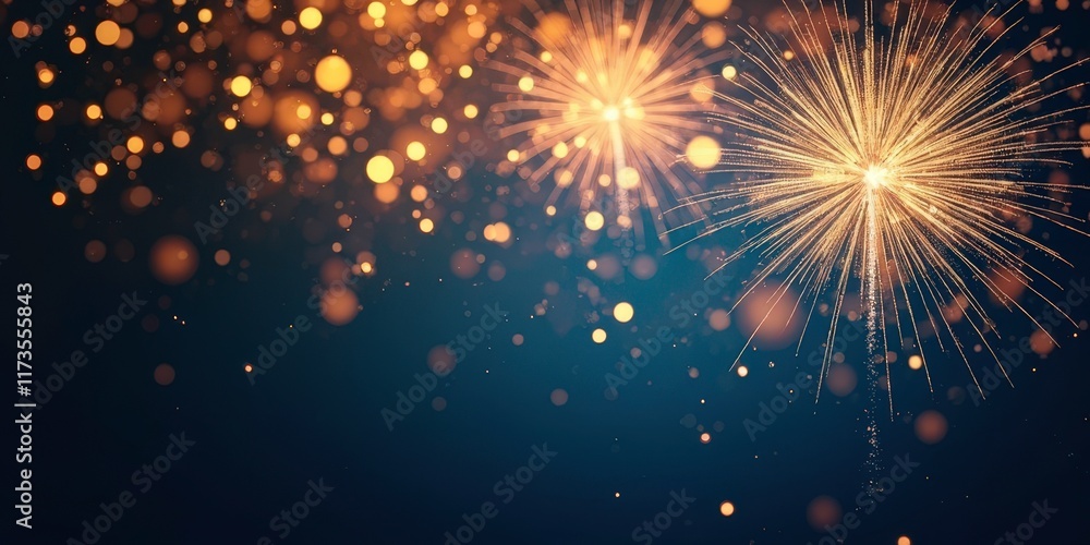 Obraz premium Abstract Bokeh Lights: A captivating abstract image of warm, glowing bokeh circles against a rich, navy blue background. The soft, ethereal glow evokes a sense of wonder and magic. Christmas, new