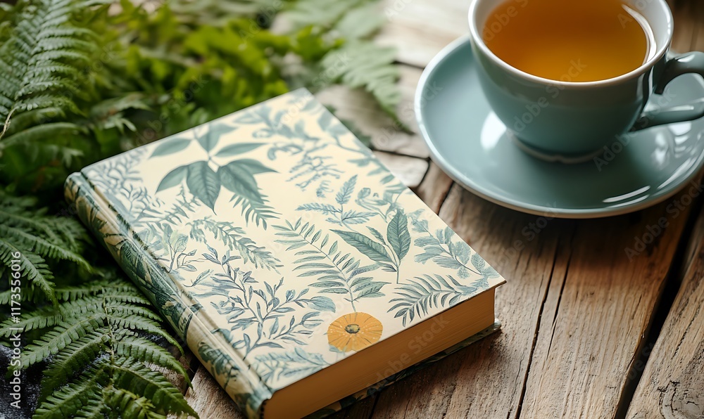 A book with a botanical design rests on a rustic wooden surface next to a cup of tea and ferns. A book with a botanical design rests on a rustic wooden surface next to a cup of tea and ferns.