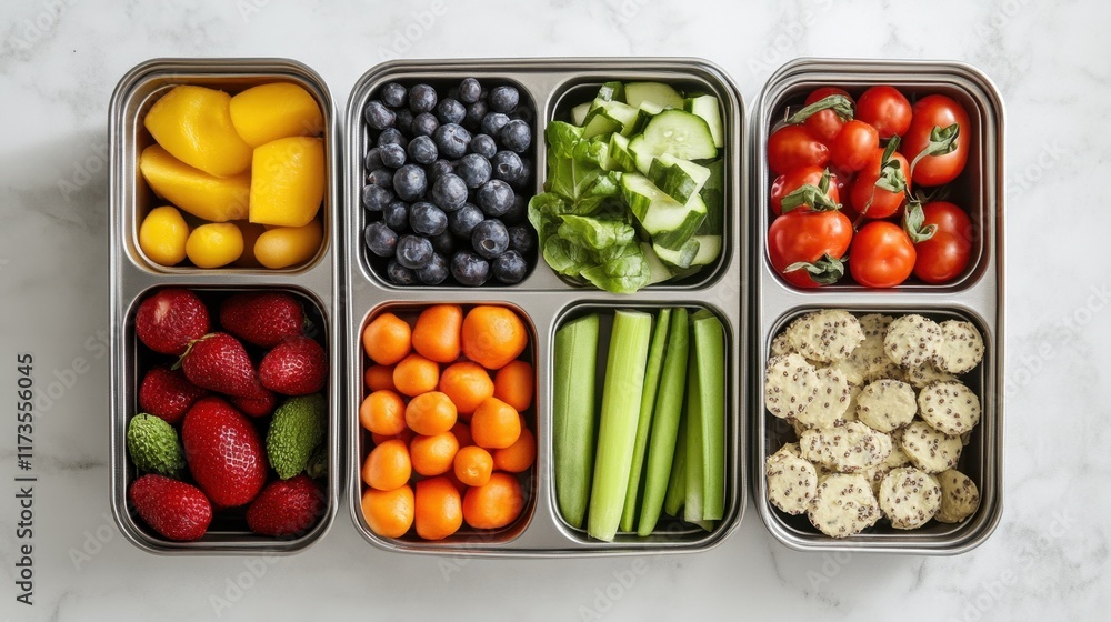 Colorful healthy snack platter featuring fresh fruits and vegetables arranged in a clear container on a dark surface Colorful healthy snack platter featuring fresh fruits and vegetables arranged in a clear container on a dark surface