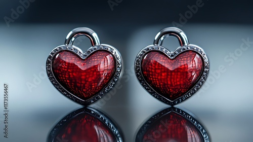 Two red stainless steel heart padlocks on a polished black table, with soft lighting emphasizing their metallic finish and realistic details, photographed in stunning quality. photo