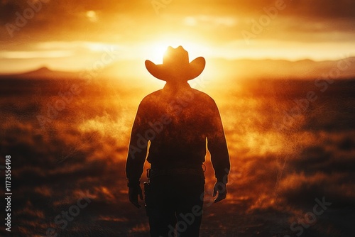 A man in a cowboy hat turning his back to walk into the horizon, with a vast desert landscape bathed in golden light stretching before him.,copy space background photo