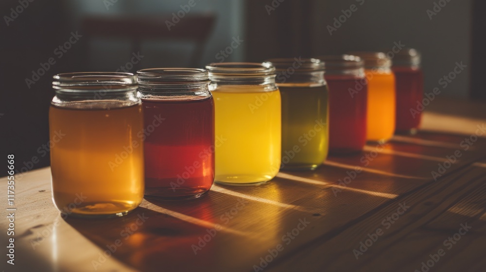 Colorful homemade drinks in mason jars on wooden table in sunlight. Colorful homemade drinks in mason jars on wooden table in sunlight.