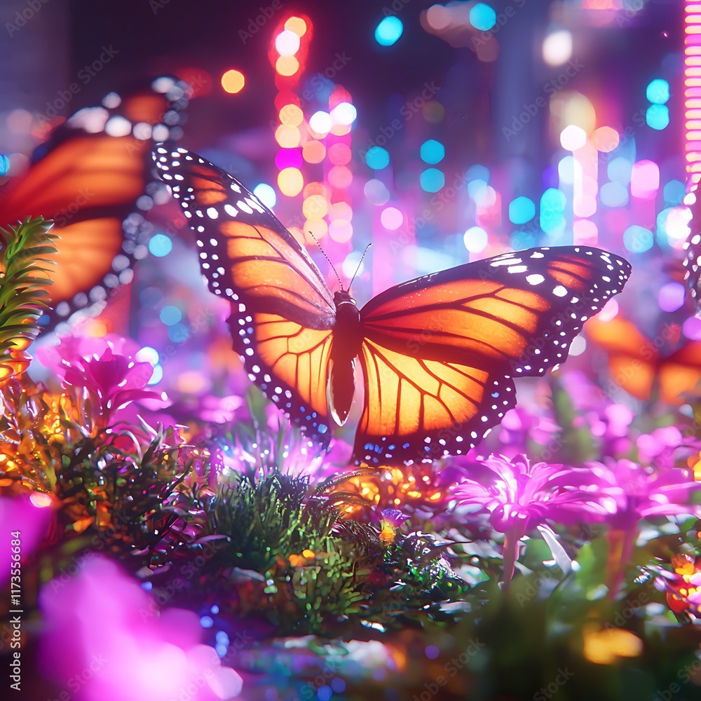 Glowing monarch butterflies amidst vibrant flowers and city lights at night. Glowing monarch butterflies amidst vibrant flowers and city lights at night.
