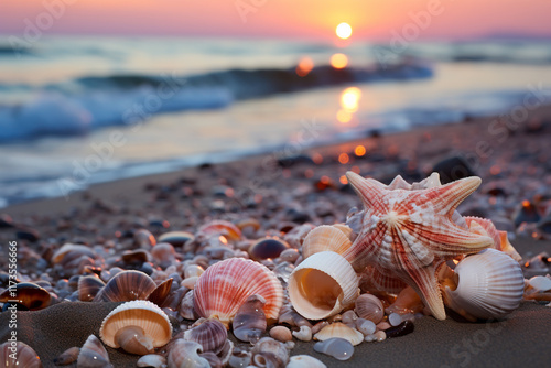 Behold, a breathtaking tableau of a serene beach at break of dawn, where a celestial starfish and a resplendent seashell repose upon gilded grains of sand, while undulating waves tenderly caress shore photo