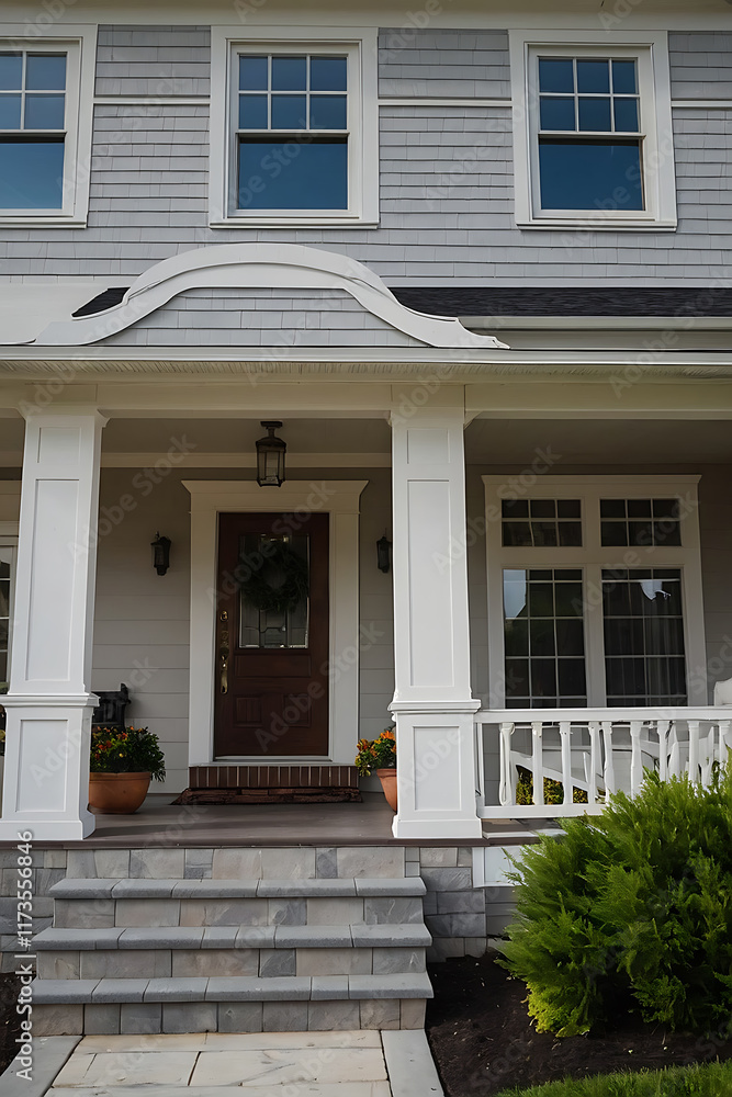 Gray-sided house with white columns and porch. Three steps lead to the entrance. Brown door with a wreath. Landscaping includes small shrubs. Windows are visible on the second story. Gray-sided house with white columns and porch. Three steps lead to the entrance. Brown door with a wreath. Landscaping includes small shrubs. Windows are visible on the second story.