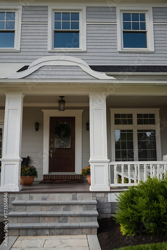 Wallpaper Mural Gray-sided house with white columns and porch.  Three steps lead to the entrance.  Brown door with a wreath.  Landscaping includes small shrubs.  Windows are visible on the second story. Torontodigital.ca