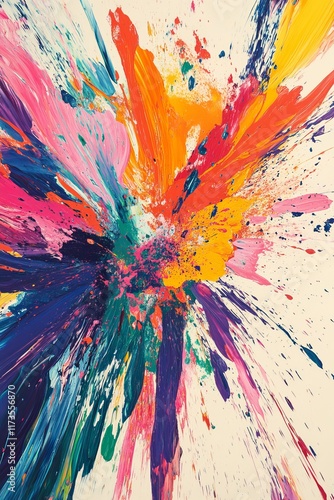 Dynamic abstract art featuring a vibrant explosion of colorful paint splashes on canvas, showcasing creativity and energy.