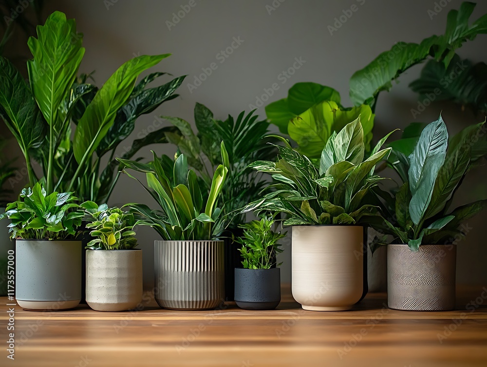 Obraz premium A Row of Beautifully Potted Indoor Plants in Glossy Black Pots on a White Background, Perfect for Modern Home and Office Decor Ideas