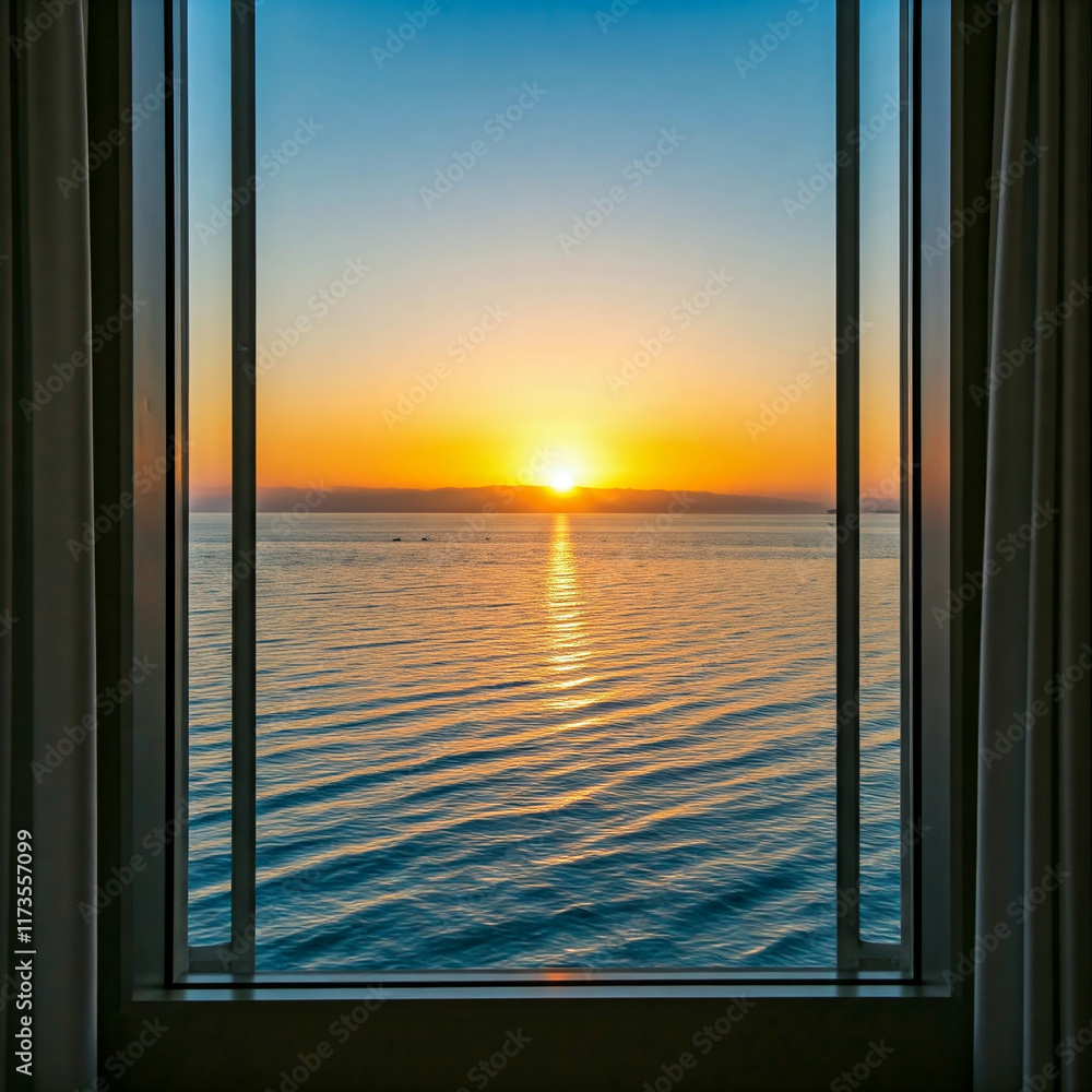 Colorful sunrise over the sea visible from room window. Sea waves and sunset. Beautiful landscape over the sea. Ideal to use in movie or animation designing. Summer vacation theme. Colorful sunrise over the sea visible from room window. Sea waves and sunset. Beautiful landscape over the sea. Ideal to use in movie or animation designing. Summer vacation theme.