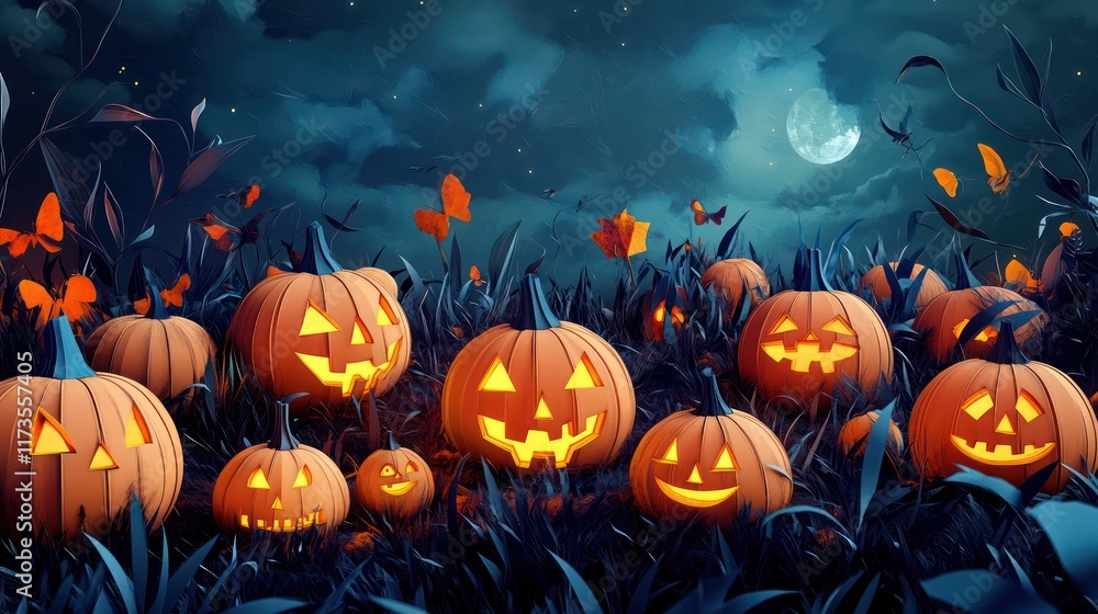 Pumpkin Patch: A vibrant pumpkin patch with jack-o'-lanterns of various sizes, some with carved faces, under a dark sky. paper cut Art Style 3d background Pumpkin Patch: A vibrant pumpkin patch with jack-o'-lanterns of various sizes, some with carved faces, under a dark sky. paper cut Art Style 3d background
