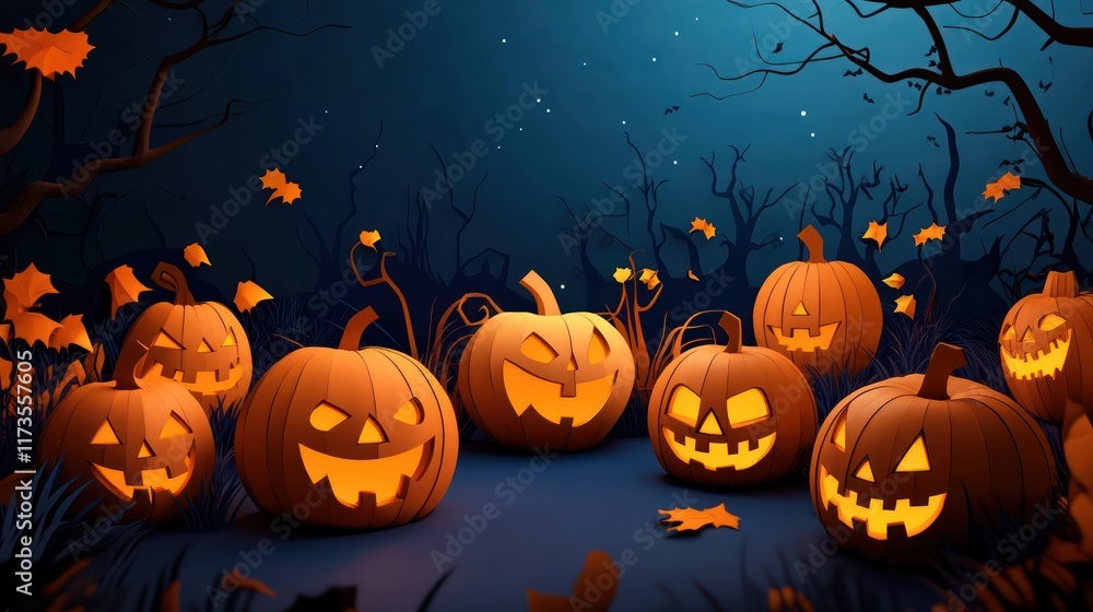 Pumpkin Patch: A vibrant pumpkin patch with jack-o'-lanterns of various sizes, some with carved faces, under a dark sky. paper cut Art Style 3d background Pumpkin Patch: A vibrant pumpkin patch with jack-o'-lanterns of various sizes, some with carved faces, under a dark sky. paper cut Art Style 3d background