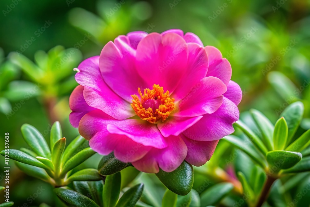 Single Pink Portulaca Flower Blooming in Vibrant Green Foliage - Architectural Photography Single Pink Portulaca Flower Blooming in Vibrant Green Foliage - Architectural Photography