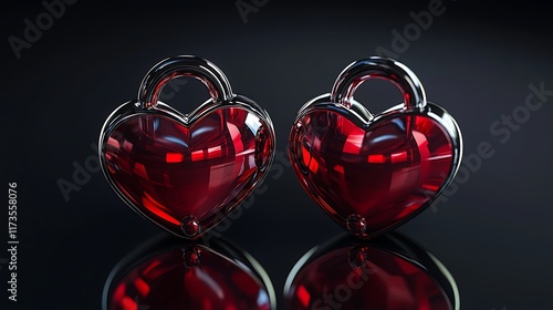 Two vibrant red stainless steel padlocks shaped like hearts, resting side by side on a glossy black surface with dramatic reflections, captured with a realistic camera effect. photo