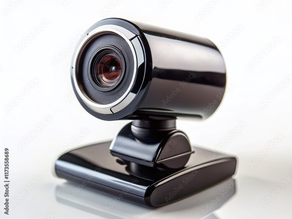 Sleek Black Webcam with Adjustable Head & Wide-Angle Lens on White Background - Tilt-Shift Photography Sleek Black Webcam with Adjustable Head & Wide-Angle Lens on White Background - Tilt-Shift Photography