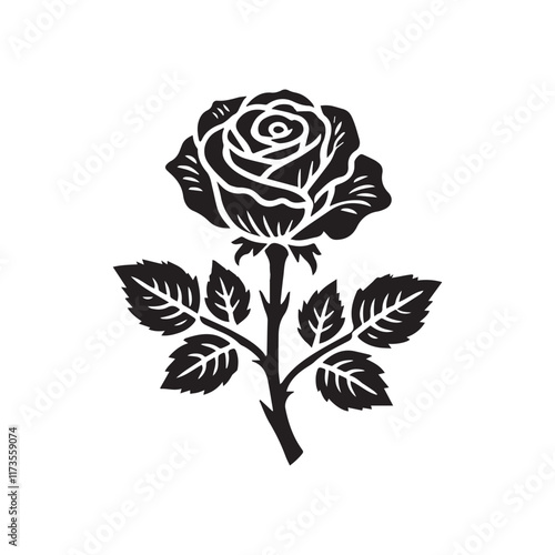 Rose icon vector design with a white background.is a high-quality graphic design file featuring a striking illustration of a rose bud rendered entirely in black. This design captures the elegant 