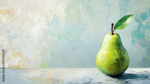Single green pear with leaf, against abstract painted background