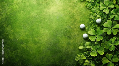 St. Patrick's Day-themed grunge background with golf balls and clovers (AI art), perfect for themed promotions, celebrations, or event marketing during the holiday.  photo