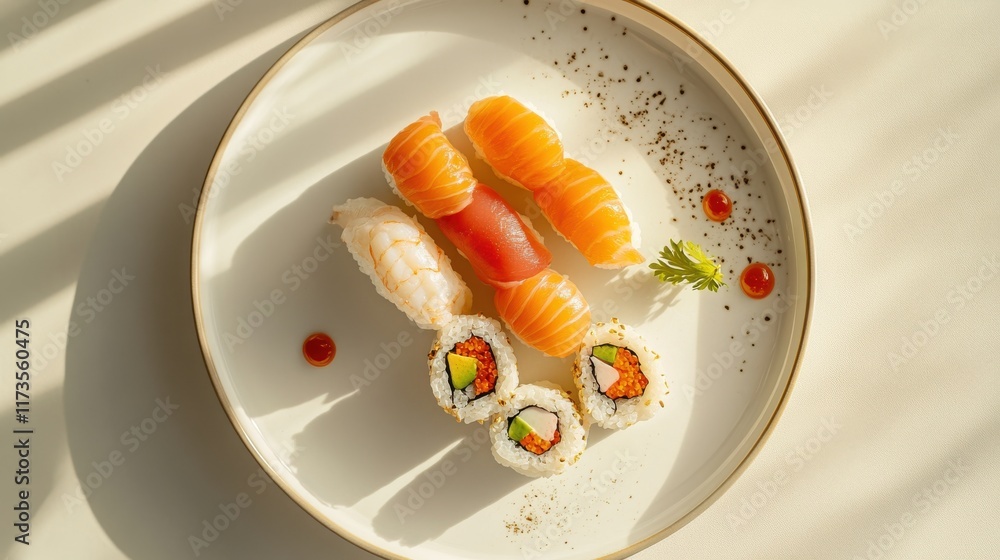 White table with delicate sushi platter on refined plate White table with delicate sushi platter on refined plate