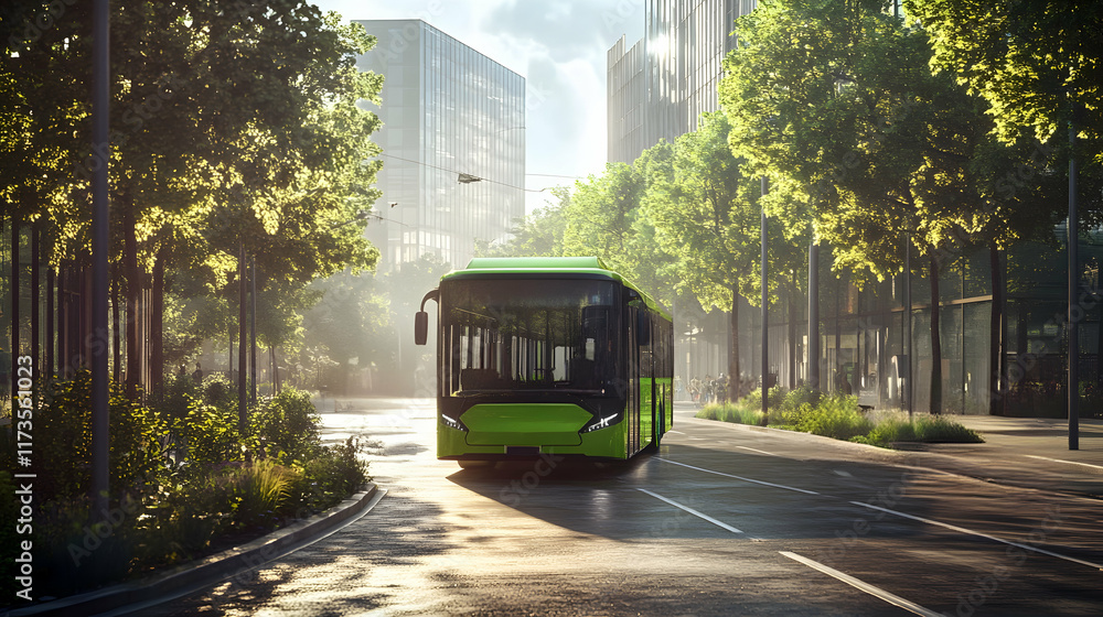 Obraz premium Eco-Friendly Electric Bus Driving Through a Scenic Tree-Lined Street