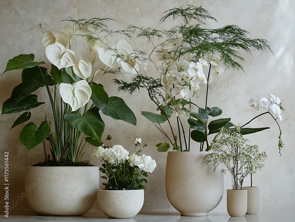 Fototapeta premium A Row of Beautifully Potted Indoor Plants in Glossy Black Pots on a White Background, Perfect for Modern Home and Office Decor Ideas
