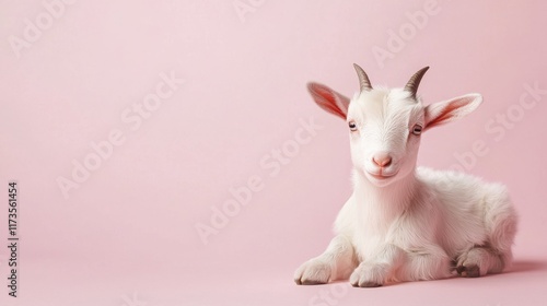 Cute young goat sitting against a pink backdrop, radiating charm and playfulness in a studio setting. Generative AI