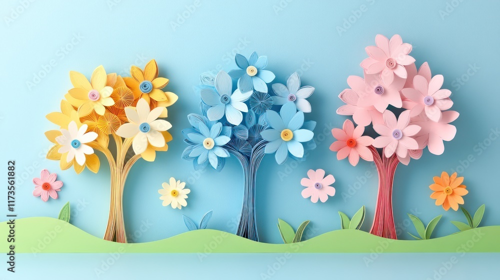 Quilling colorful 3D paper trees with flowers on blue pastel background with copy space for design and interior art decor. AI generated. paper cut Art Style 3d Quilling colorful 3D paper trees with flowers on blue pastel background with copy space for design and interior art decor. AI generated. paper cut Art Style 3d