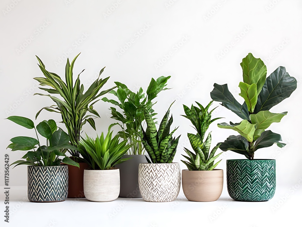 Fototapeta premium A Row of Beautifully Potted Indoor Plants in Glossy Black Pots on a White Background, Perfect for Modern Home and Office Decor Ideas