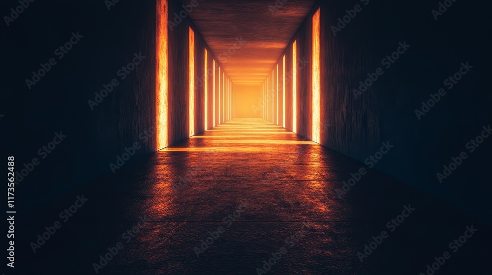 A long hallway with a bright orange light shining down on the floor