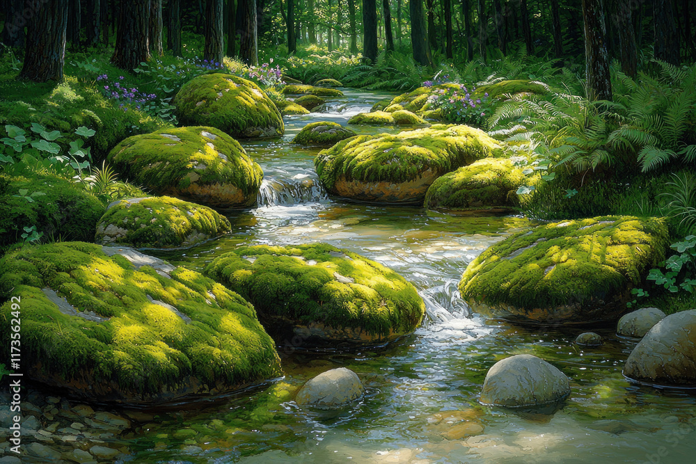 Mossy rocks in sunlit forest stream Mossy rocks in sunlit forest stream