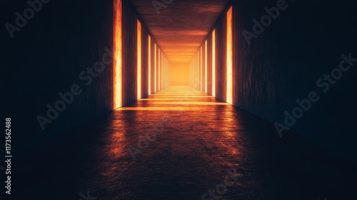 Obraz na płótnie A long hallway with a bright orange light shining down on the floor w salonie