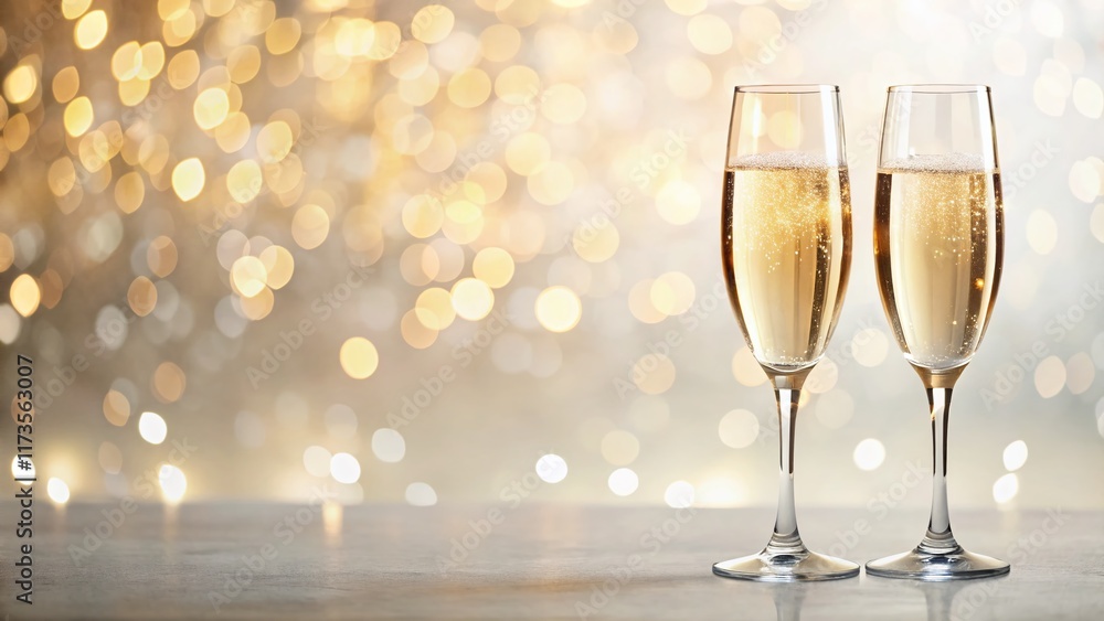 Sparkling Celebration: Two Champagne Flutes on White Background with Festive Lights Sparkling Celebration: Two Champagne Flutes on White Background with Festive Lights