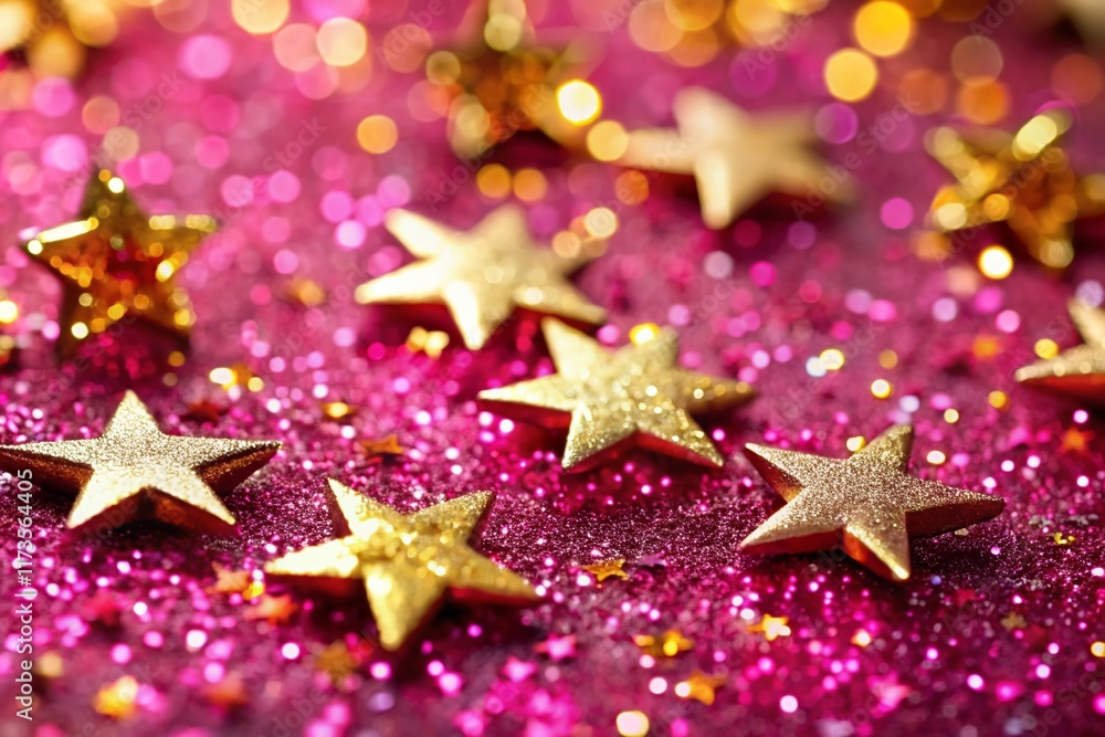 Fototapeta premium Sparkling Pink Glitter Festive Background with Golden Stars & Decorations