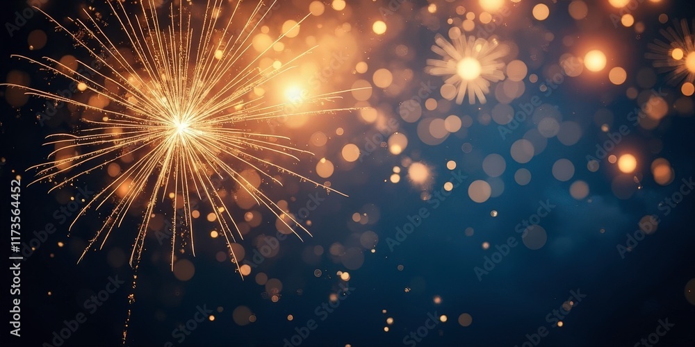 Obraz premium Sparkling Celebration: A mesmerizing display of golden fireworks bursts against a deep blue night sky, creating a magical and celebratory atmosphere. Christmas, new year, Diwal festival