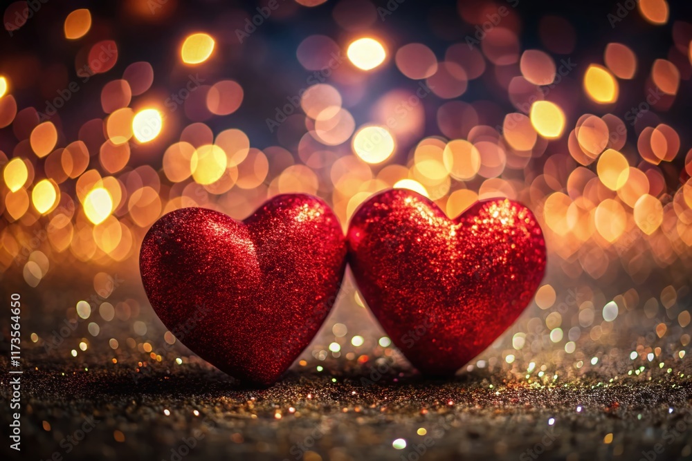 Sparkling Valentine's Hearts: Glowing Red Hearts on Glitter Background with Bokeh Lights Sparkling Valentine's Hearts: Glowing Red Hearts on Glitter Background with Bokeh Lights
