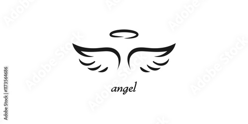 Angels wings with halo. Hand drawn vector feather angel. Handdrawn sketch feathers bird
