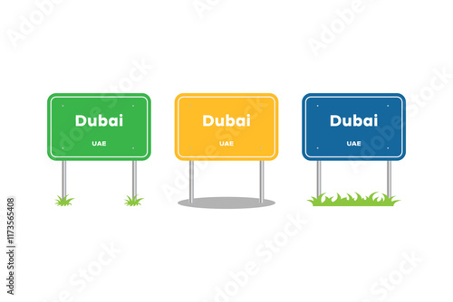 Dubai city, road sign. Welcome to Dubai, United Arab Emirates. Dubai city entering signpost. Billboard on the road. Vector illustration