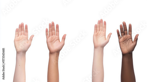 Diverse Hands Raised on White Background