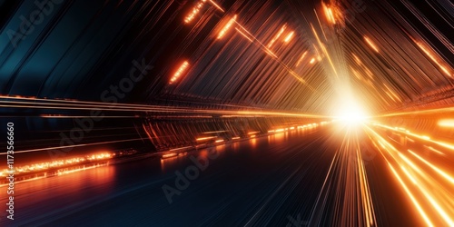 Futuristic tunnel, glowing orange energy lines, reflective floor, sci-fi corridor, neon blue lights, symmetrical perspective, dark atmosphere, cyberpunk aesthetic, sleek architecture, long hallway, dr