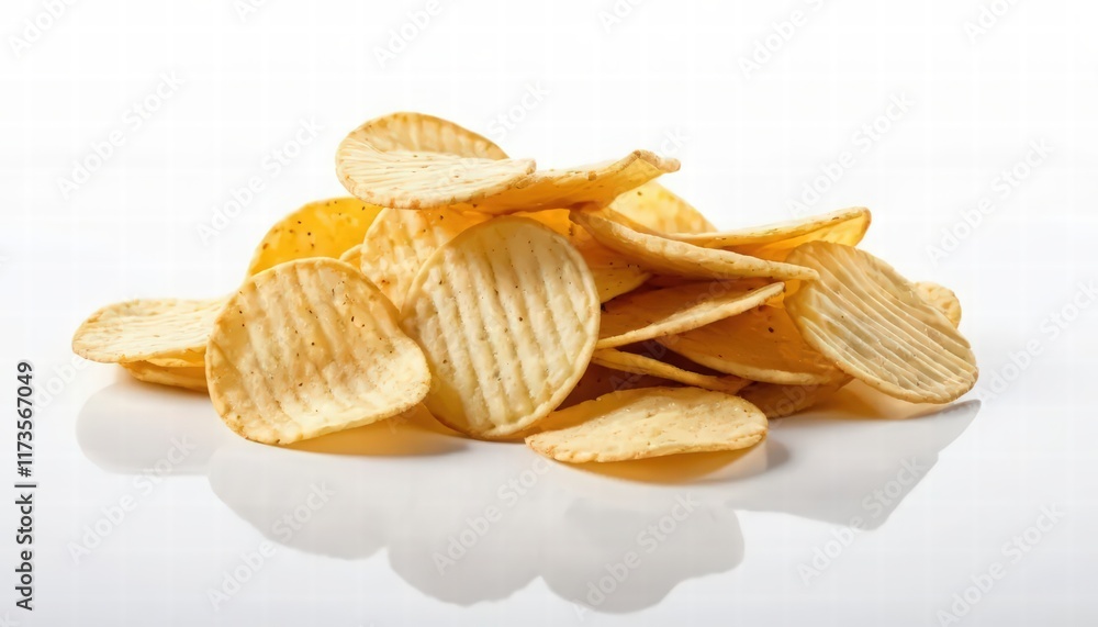 Close-up of a pile of crispy potato chips on a white surface. Close-up of a pile of crispy potato chips on a white surface.