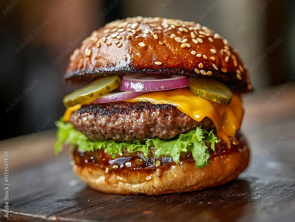 Close-Up of a Juicy Cheeseburger with Melted Cheese, Fresh Lettuce, Tomato, Pickles, and Sesame Seed Bun, Perfect for Food Advertising and Menus