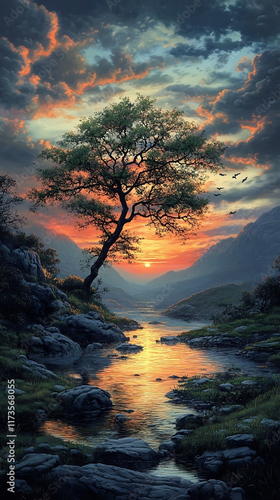 Fototapeta premium A serene landscape featuring a lone tree by a reflective stream at sunset.