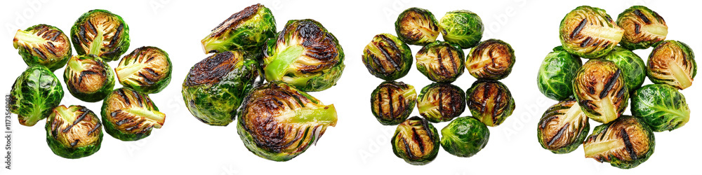 Grilled Brussels sprouts with charred leaves, showcasing vibrant colors and textures Grilled Brussels sprouts with charred leaves, showcasing vibrant colors and textures